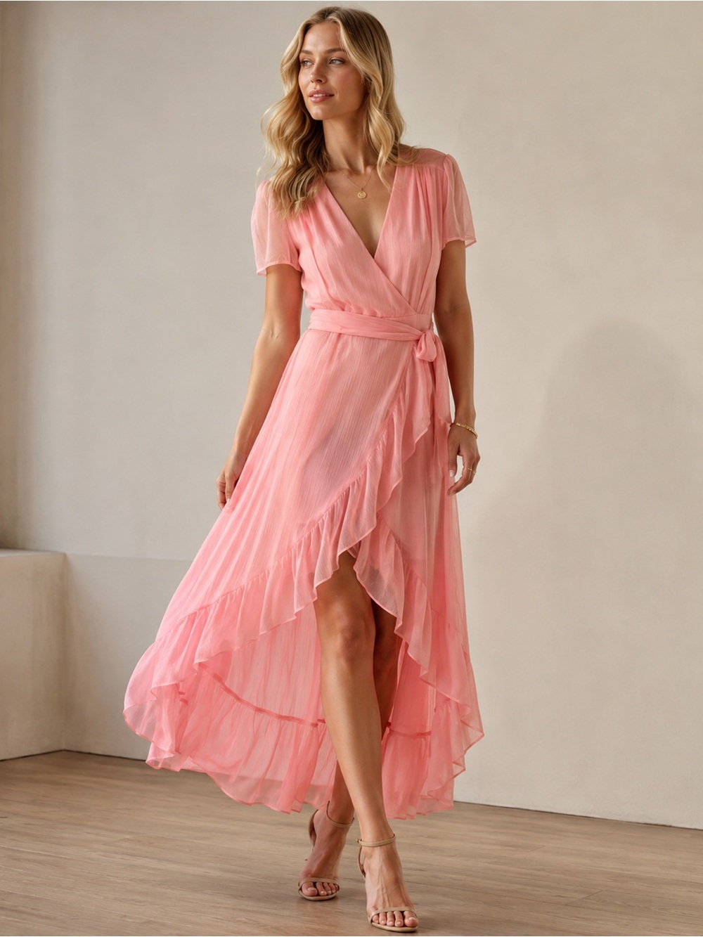 Wayf Blush Pink Chiffon Wrap High-Low Ruffle Romantic Midi Dress Size Medium